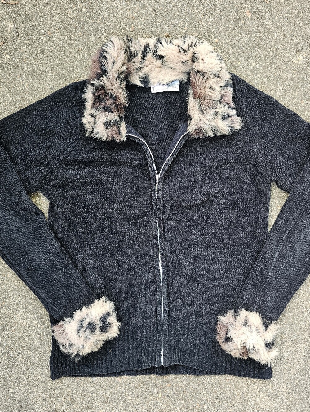 Y2k 2000's Chenile Faux Fur Leopard Cheetah Print Black Zippered Jacket Coat